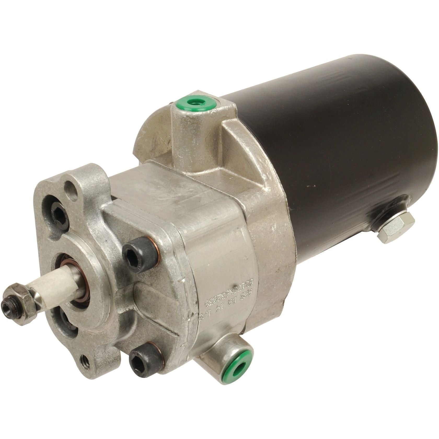 Close-up of the Sparex Power Steering Hydraulic Pump | Sparex Part No.S.42709, a cylindrical electric motor with a metal housing, commonly used in Massey Ferguson tractors. The pump features visible connectors and mounting points. Its body is predominantly black with silver components and some green details.