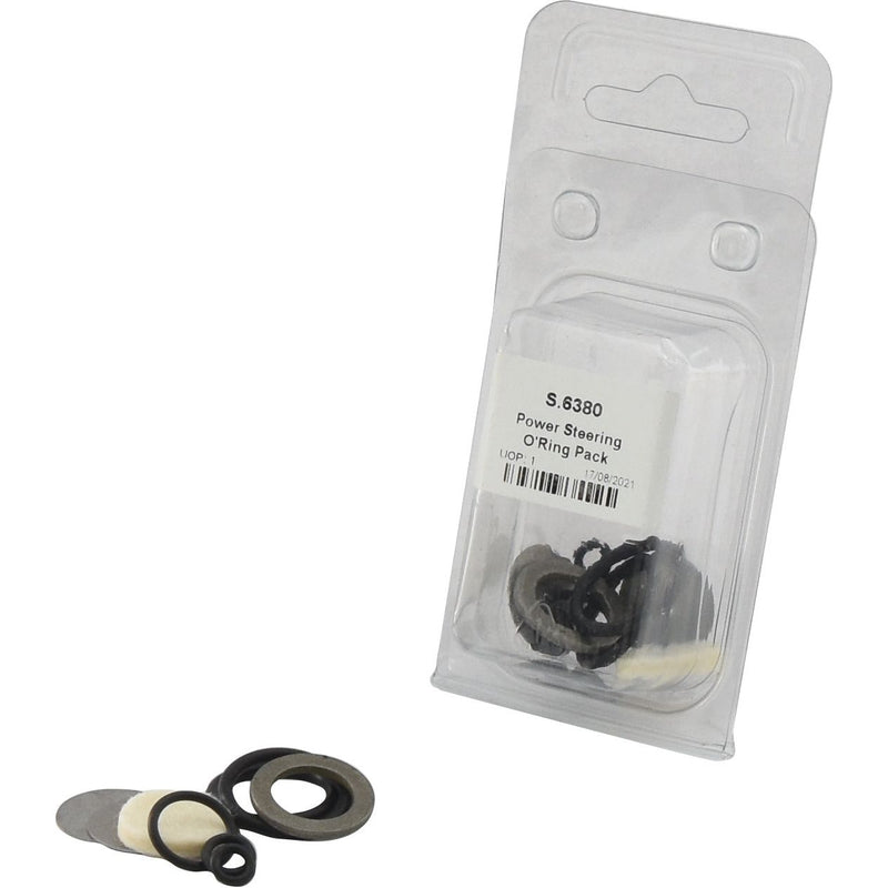 The O'Ring Kit (Agripak | Sparex Part No.S.6380) for Massey Ferguson power steering systems, by Sparex, includes various sizes of O-rings, with some partially spread out in front, all contained within plastic packaging.