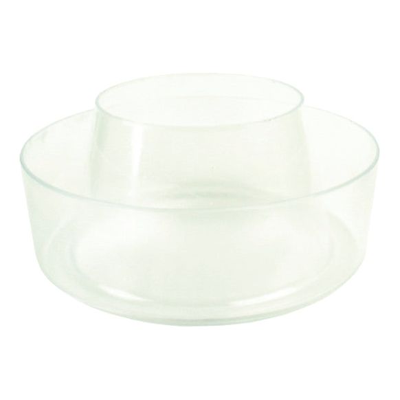 A plain, clear glass bowl with a central raised circular section, reminiscent of the Sparex Pre Cleaner Bowl (Part No. S.41404), typically found in engines like the Perkins A4.236 and commonly used in Massey Ferguson tractors.