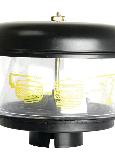 The Pre Cleaner - Universal - S.41393 by Sparex is a transparent plastic air cleaner cover with a black top and base, designed to reduce machinery downtime. It features yellow printed labels indicating operational instructions for easy use.