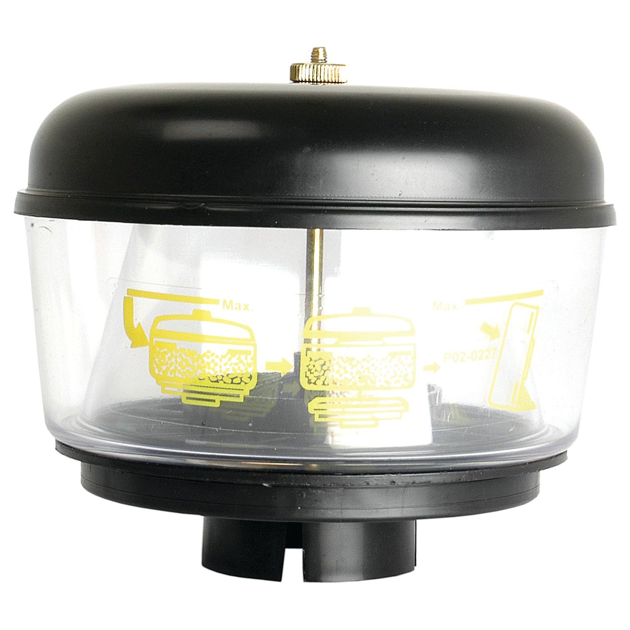 The Pre Cleaner - Universal - S.41393 by Sparex is a transparent plastic air cleaner cover with a black top and base, designed to reduce machinery downtime. It features yellow printed labels indicating operational instructions for easy use.