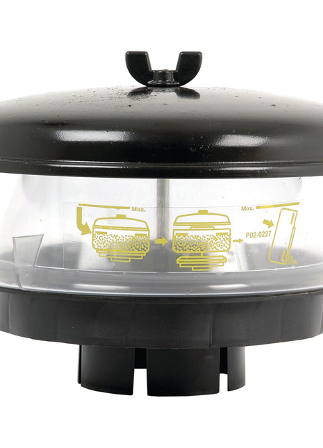 The Sparex Pre Cleaner - Universal - S.41394, a black and transparent plastic air pre-cleaner with indicator markings and attachment base, helps reduce machinery downtime.