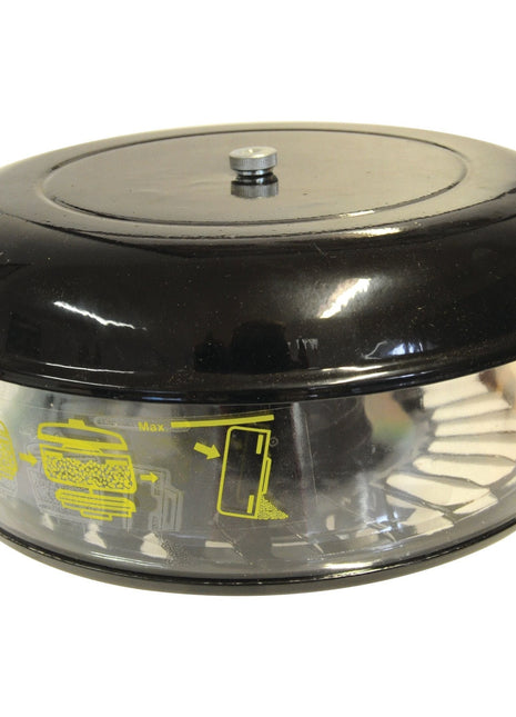 The Pre Cleaner - Universal - S.41395 by Sparex is a black plastic air filter housing featuring a clear section that reveals the internal filter element, with yellow instructional icons on the side, designed to minimize machinery downtime.