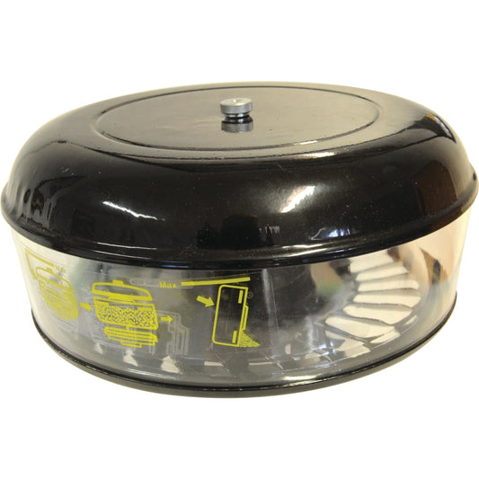 The Pre Cleaner - Universal - S.41395 by Sparex is a black plastic air filter housing featuring a clear section that reveals the internal filter element, with yellow instructional icons on the side, designed to minimize machinery downtime.