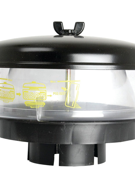 The Sparex Pre Cleaner - Universal - S.41396 is a clear plastic and black engine air pre-cleaner with diagrams on the side illustrating its usage and installation, designed to extend engine life by enhancing the efficiency of your air filters.