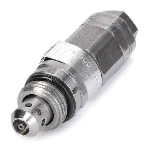 A close-up view of the AGCO Pressure Valve-7302601602, a metal hydraulic fitting with a threaded connection, multiple drilled holes, and a hexagonal shape, commonly found in the Massey Ferguson 5400 Series.