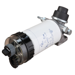 AGCO's Massey Ferguson - Primer Pump - 4288692M2 features a white cylindrical body, transparent bottom housing, black connectors, and a metallic mounting bracket. Technical illustrations and symbols are printed on the cylinder. This product is compatible with Massey Ferguson models in the 5400 Series.