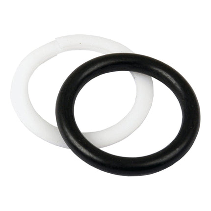 Two O-rings, one white and one black, overlap each other on a white background, resembling the essential Quick Release Coupling Replacement Seals from the Quick Release Coupling Replacement Seals Repair Kit | Sparex Part No. S.42080 used in Massey Ferguson and Landini machinery.