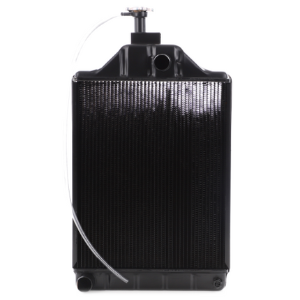 AGCO's Massey Ferguson Radiator - 0015926U91 is a black automotive radiator standing upright with a cap on top and a hose attached, designed as an OEM part compatible with Massey Ferguson models.
