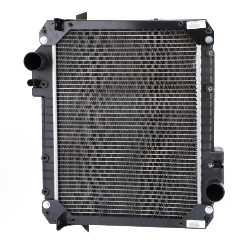 Image of a car radiator with a black plastic frame and multiple metal fins for cooling. It has upper and lower hose connection points on one side and several mounting brackets around the edges, reminiscent of the AGCO Massey Ferguson Radiator - 3786444M1 for models 5425-6455.