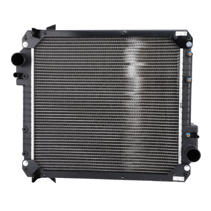 Introducing the AGCO Massey Ferguson Radiator - 3808158M3, a robust metal vehicle radiator with black plastic side tanks and multiple small tubes and fins for efficient cooling, ideal for the 4200 Series Massey Ferguson tractor parts.