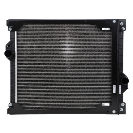Image of the AGCO Massey Ferguson - Radiator - 4279987M4, featuring a metallic cooling fin structure, a black frame, and multiple attachment points, reminiscent of the rugged durability found in the Massey Ferguson 6400 series.