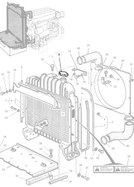 Exploded diagram of a vehicle cooling system showing the radiator, hoses, clamps, and other components, including a labeled AGCO Massey Ferguson Radiator Cap (part number: 180224M92) for identification.