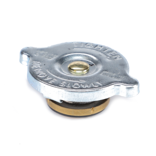 The Massey Ferguson - Radiator Cap - 180224M92 by AGCO is a metal radiator cap featuring two small handles and engraved with the instructions "Tighten" and "Remove Slowly." Designed specifically for Massey Ferguson tractors, the cap is rated at 10lbs/75 Kpa to ensure optimal performance and safety.
