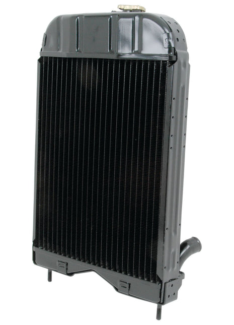 A black, upright Radiator - S.40095 from Sparex stands on a white background, showcasing its finned heat exchange core and sturdy metal frame.