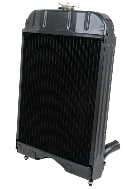 A Sparex Radiator - S.42410 with black metal fins and a cap on top, featuring an inlet and outlet pipe at the bottom.