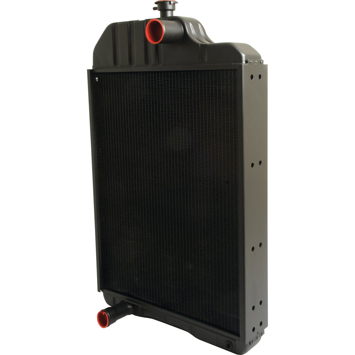 A black Sparex Radiator - S.42704 with a rectangular core, featuring side-mounting brackets, red inlet and outlet ports at the top and bottom, and a Sparex radiator cap.