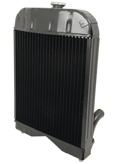A black and silver Sparex Radiator - S.43653 stands upright on a white background, complete with a shiny radiator cap.
