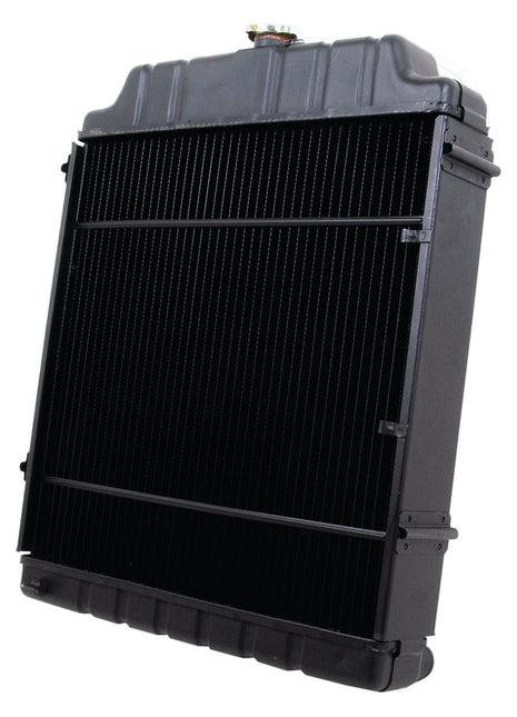 Radiator - S.73637 by Sparex, a black automotive radiator complete with a 51mm inlet and Radiator Cap, standing proudly on a white background.