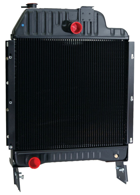 The Sparex Radiator - S.73832 is a black automotive radiator with red caps, complete with a radiator cap and mounting brackets, specifically designed for engine cooling. Its overall height and width are optimized for maximum efficiency.
