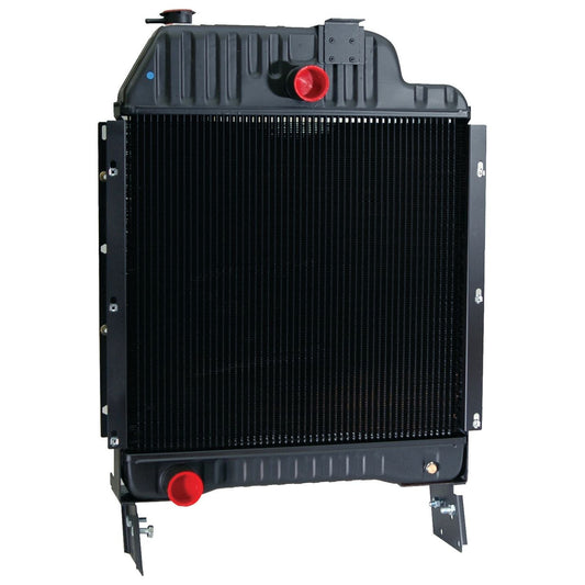 The Sparex Radiator - S.73832 is a black automotive radiator with red caps, complete with a radiator cap and mounting brackets, specifically designed for engine cooling. Its overall height and width are optimized for maximum efficiency.