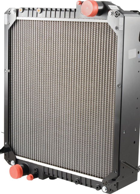 Sparex Radiator - S.73834, a metal car radiator featuring red caps on various fittings and designed for efficient engine cooling, is set against a plain white background. Its dimensions make it ideal for modern vehicles.