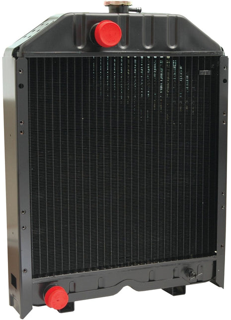 The Sparex Radiator - S.73878, a black automotive component featuring red caps on the top and bottom pipes, exemplifies quality in car parts.