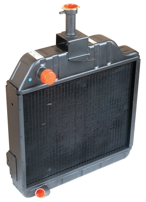 Image of the Sparex Radiator - S.73881, featuring black finish with orange caps on the inlet and outlet connections, designed to cool the engine by allowing coolant to transfer heat from the engine to the air. Precise dimensions ensure a perfect fit for efficient performance.
