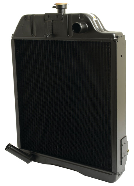 The Sparex Radiator - S.73882, in black, features a top cap with a Ø38mm upper hose connection on the right and a lower hose connection on the left, making it ideal for engine cooling.