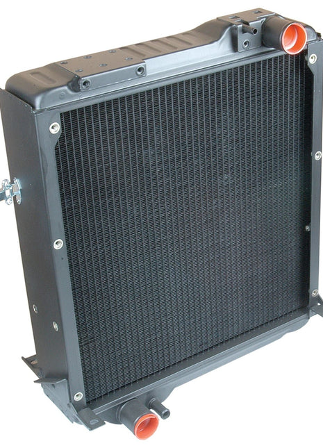 Image of the Radiator - S.73887 by Sparex, a black automotive radiator featuring red inlet and outlet pipes, vertical cooling fins, and side mounting brackets showcasing its overall width.