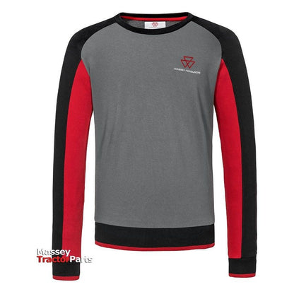 The Massey Ferguson - Raglan Sweatshirt (X993412209) by AGCO is a high-quality, long-sleeved gray shirt with red and black raglan sleeves. It features a small MF logo on the chest with the brand name "Massey Ferguson" underneath it.