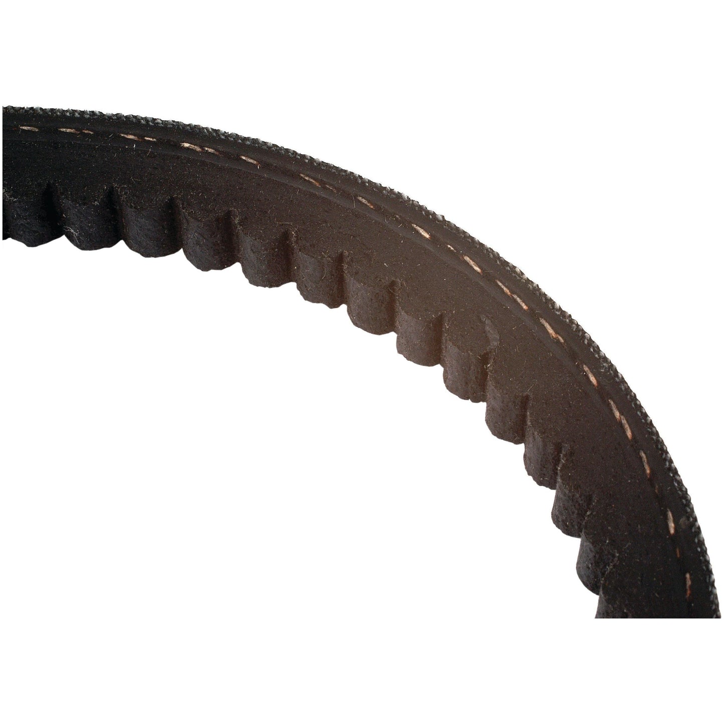 Close-up view of a black, textured, notched timing belt with a zigzag pattern along its inner edge, resembling the durable design of Sparex's Raw Edge Moulded Cogged Belt - AVX Section (Belt No. AVX10x1375, Sparex Part No. S.18617).
