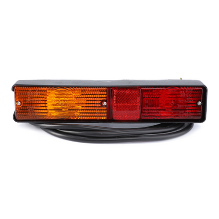 The AGCO Massey Ferguson Rear Light L/H or R/H - 1695847M92 features amber and red lenses in a rectangular shape, encased in a black casing and connected with a long black cable, designed specifically for the Massey Ferguson 300 Series.