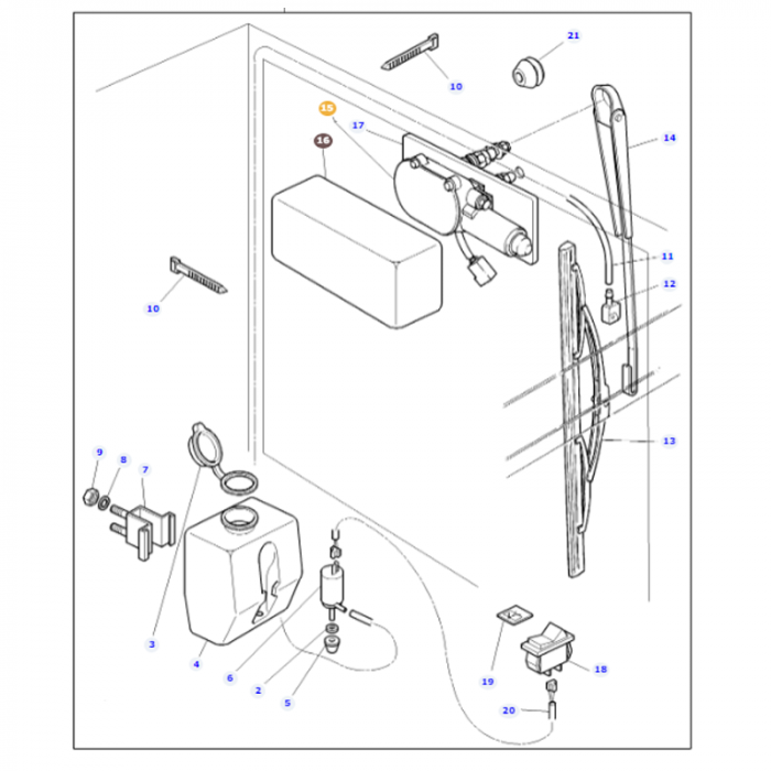 Diagram illustrating the parts and assembly of an internal mechanism of a Massey Ferguson - Rear Wiper Motor - 3597357M92, from AGCO, including screws, a lever, and various components, each labeled with numbers.