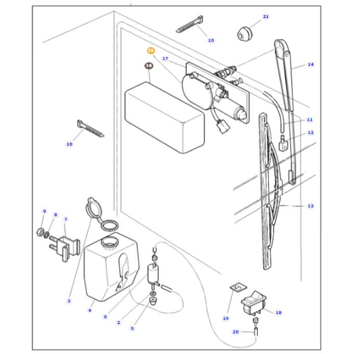 Exploded diagram of a door closer mechanism displaying various numbered parts including screws, a hydraulic unit, brackets, and a connecting arm, illustrating how the components fit together similarly to the precise engineering in an AGCO Massey Ferguson Rear Wiper Motor 3597357M92.