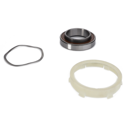 A Massey Ferguson - Release Bearing - 3617197M3 from AGCO, along with a rubber gasket and a plastic ring, are arranged on a white background, reminiscent of parts you'd find on a Massey Ferguson tractor.