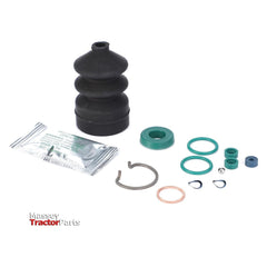 A collection of Massey Ferguson - Repair Kit, Master Cylinder - 1810833M91 parts includes a black rubber boot, green and blue seals, a metal ring, a packet of grease, and various small components arranged on a white background. Ideal for brake kits and includes Genuine AGCO Parts.