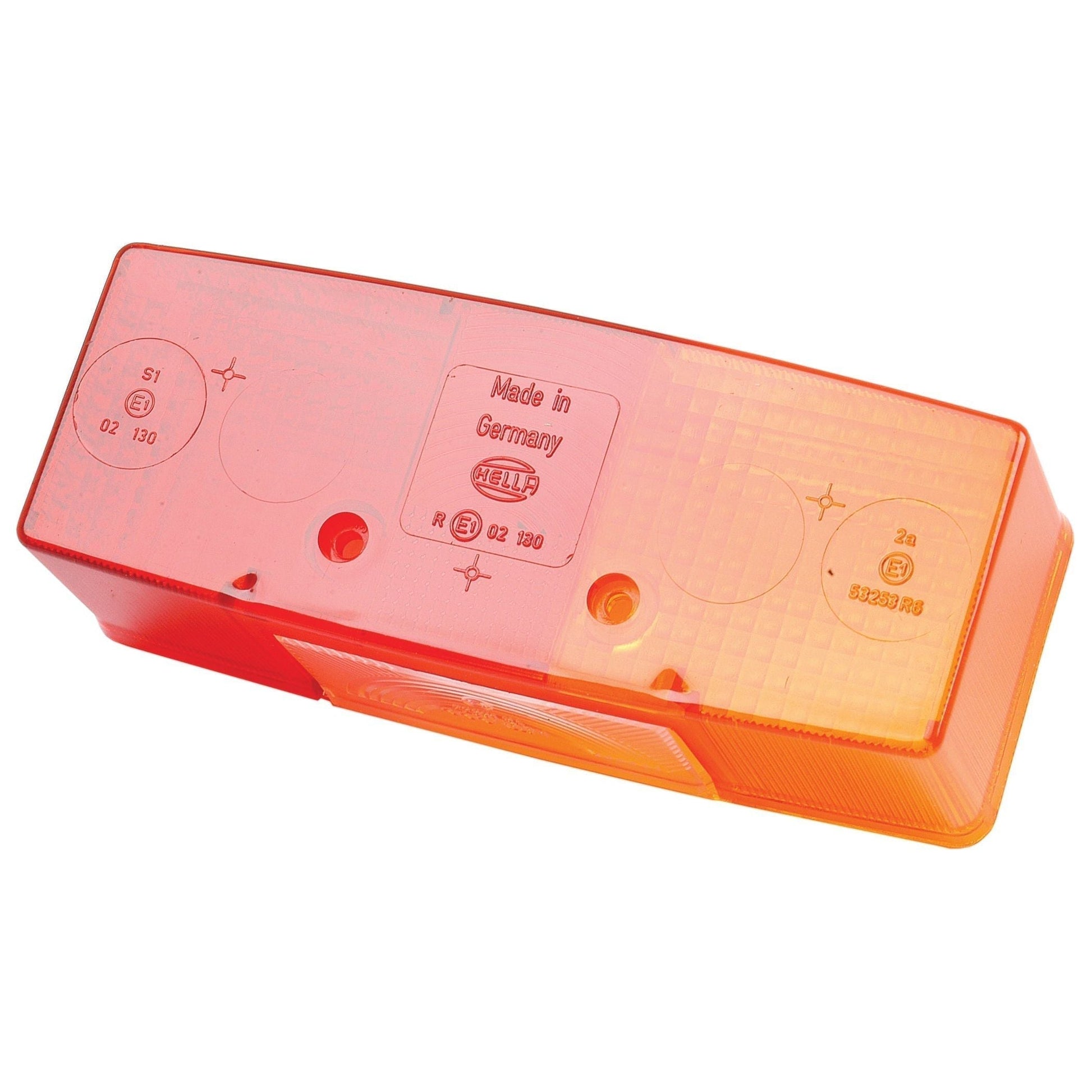 A rectangular orange and red reflector light for the rear right side, featuring a durable polycarbonate replacement lens labeled "Made in Germany" with several certification marks and branded by Sparex (Product Name: Replacement Lens, Fits: S.56106 | Sparex Part No. S.56197).