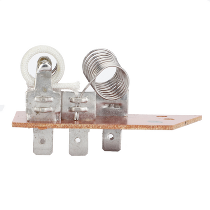 A close-up view of the AGCO Massey Ferguson - Resistor Air Conditioner - 3304510M92, featuring a metal heating element with coiled wire, mounted on a brown base with three terminal connectors, ideal for Massey Ferguson 1000 Series tractor parts.