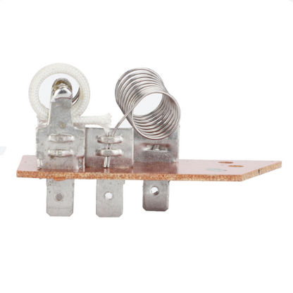 A close-up view of the AGCO Massey Ferguson - Resistor Air Conditioner - 3304510M92, featuring a metal heating element with coiled wire, mounted on a brown base with three terminal connectors, ideal for Massey Ferguson 1000 Series tractor parts.