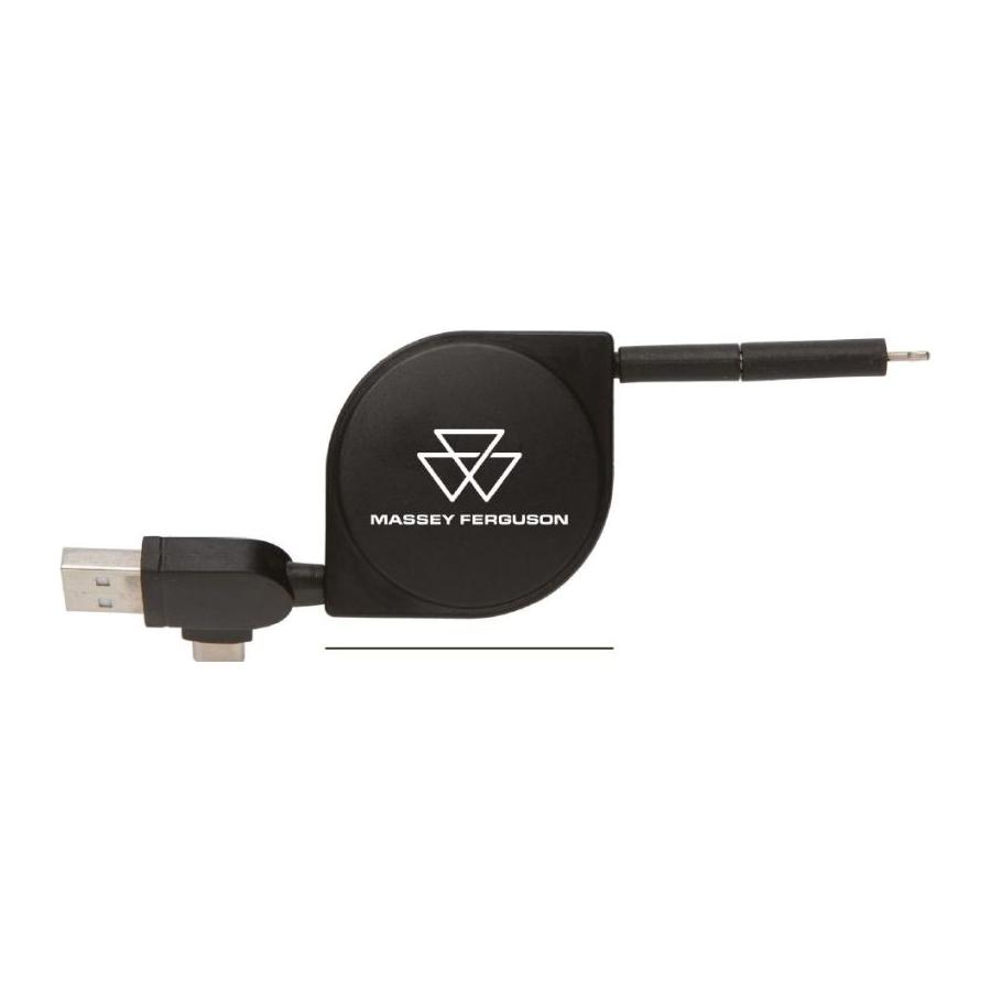The Massey Ferguson Retractable Charger Cable (Model X993442210000) by AGCO features a sleek black casing emblazoned with the Massey Ferguson logo and is crafted from RCS certified recycled ABS plastic. This 6-in-1 retractable USB charging cable includes five different connectors to meet all your versatile charging needs.
