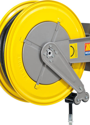 A yellow and gray Sparex Retractable Hose Reel Adblue / Antifreeze, 3/4'' x 15M - S.156534 mounted on a metal bracket with an antistatic black rubber hose extending from it.