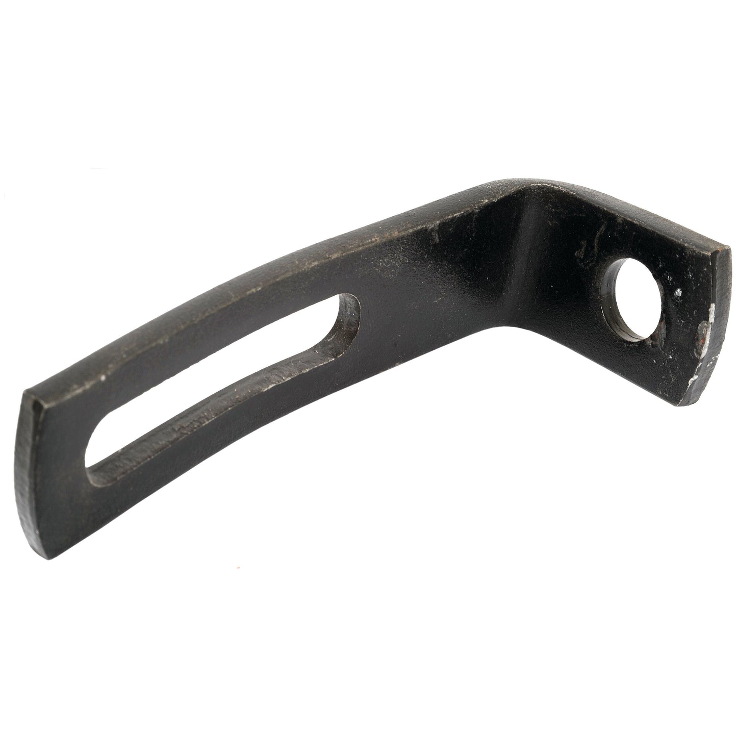The Sparex Ridger Bracket - LH (Sparex Part No. S.79383), designed to fit as 810907M1, is a black metal bracket with a curved shape, featuring a slot along one side and a round hole at the other end, making it an ideal replacement part for Massey Ferguson equipment.