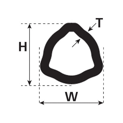 A technical diagram showing the cross-section of a triangle-profiled Rilsan&reg; Coated PTO Tube from Sparex, with dimensions labeled H (height), W (width), and T (thickness).