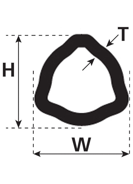 Diagram of a Rilsan&reg; Coated PTO Tube - Triangle Profile (S.26348) with measurements annotated. "H" denotes height, "W" denotes width, and "T" indicates the thickness of the outline. This diagram follows the precision akin to Weasler standards for Sparex products.