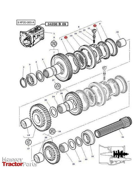 Diagram of transmission assembly parts for a Massey Ferguson tractor, featuring the AGCO - Massey Ferguson Ring (Part Number: 3824251M1), including gears, shafts, bearings, and other components with numbered labels. Suitable for both 2WD and 4WD models.