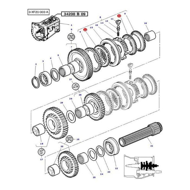 Diagram illustrating the exploded view of a Massey Ferguson transmission gear assembly for 2WD and 4WD models by AGCO, displaying various gears, shafts, bearings, and other components with corresponding part numbers including the Ring - 3824251M1.