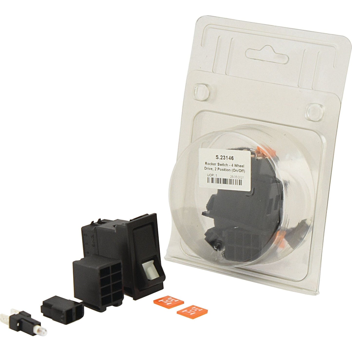 A Rocker Switch - 4 Wheel Drive, 2 Position (On/Off) - S.23146 by Sparex, comprising a latching switch, two orange buttons, and additional components is displayed next to its clear plastic packaging. The packaging features a label with product information and specifies that the set is IP65 rated for 12V DC use.