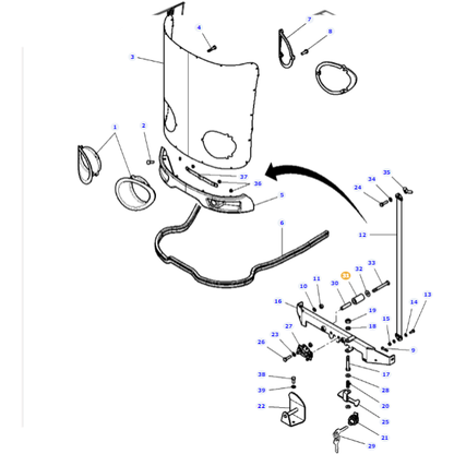 Diagram of a car front end assembly showing various parts and their corresponding numbers for reference. Parts include headlights, bumper, grill, and supporting brackets, similar to the detailed schematics found in AGCO's Massey Ferguson - Roll - 3782073M1 tractor models.