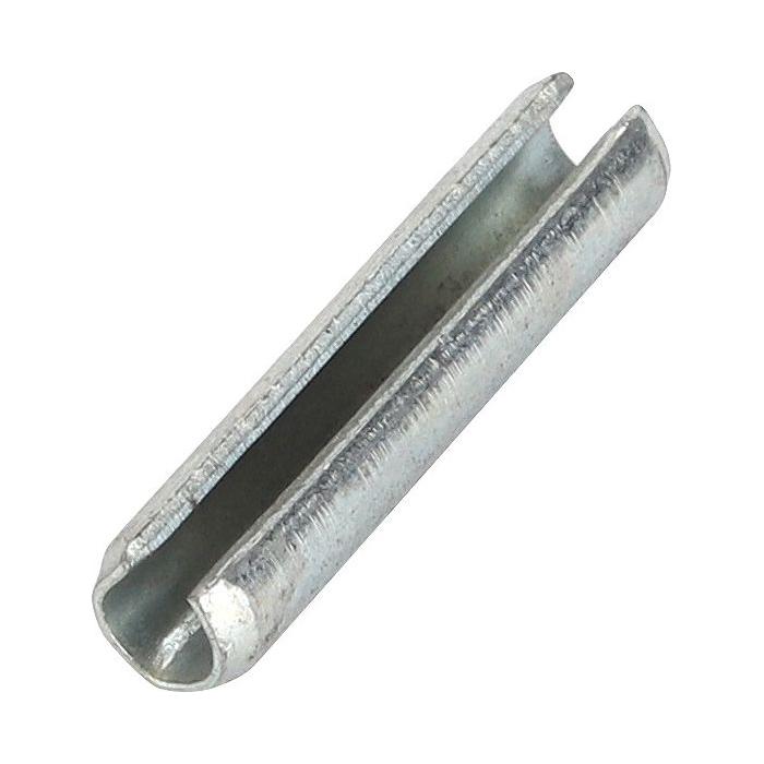 The AGCO Massey Ferguson - Roll Pin 5x25mm - 390538X1 is a metal cylindrical object featuring a longitudinal slot along one side, making it compatible with the Massey Ferguson series of tractor parts.